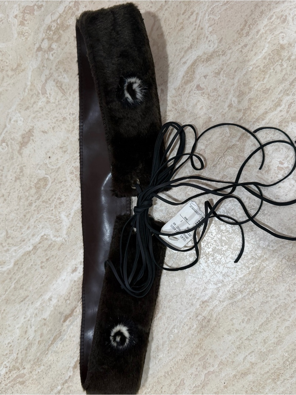 Faux Fur Tie-Waist Belt in Dark Brown with Contrast Pom Details